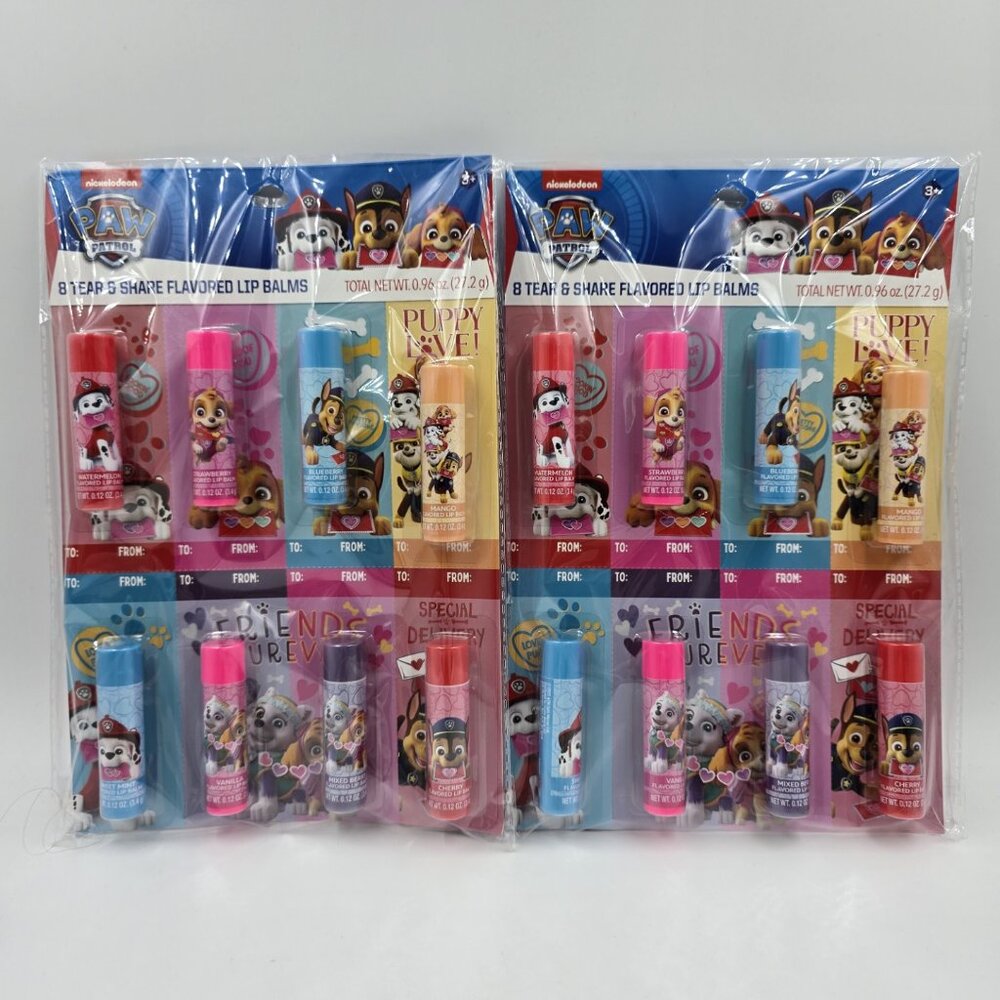 Paw Patrol Tear & Share Flavored Lip Balms for Valentines 8 Count - Lot of 2